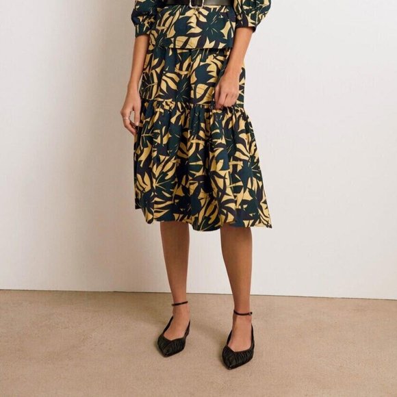 Ba&sh Wendy Printed Midi Skirt Tiered Ruffle Cotton Flared Green M